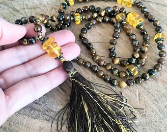 Mala Gemstone Tiger Eye Beads Necklace Citrine Art Mala Yoga Necklace Healing Crystal Stone Yoga Mala Meditation Boho Bohemian necklace