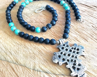 Antique silver cross necklace onyx turquoise black beaded long necklace chunky cross pendant ethiopian coptic inspired jewelry men gift idea