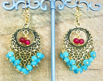 Gipsy danza del ventre orecchini pendenti pietre preziose colorate agata blu boho chic orecchini lampadario orientali gioielli etnici idea regalo