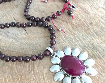 Garnet necklace pendant rose flower charm pendant natural tourmaline rubellite gemstone necklace healing stone crystal boho jewelry necklace