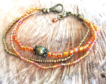 Orange iridescent anklet 3 strand, glass beads ankle bracelet, orange anklet, chic summer body jewelry