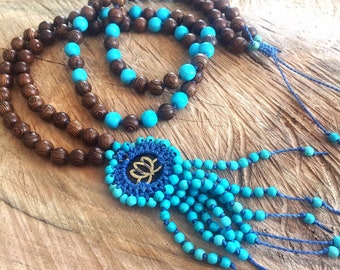 Yoga earthy necklace 108 beads mala hippie long bohemian necklace boho crochet lotus necklace wenge wood prayer necklace ooak gift idea