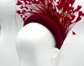 Red Feather Spray Velvet Padded Headband, BY SHIMMER Millinery, Headpiece, Fashion on the Field, Racing Fashion, Wedding Fashion