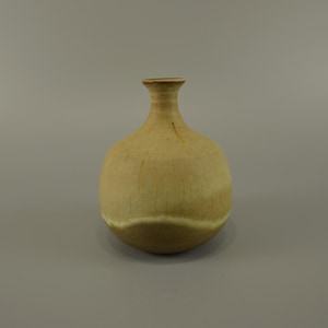 Puede incluir: Un pequeño jarrón de cerámica redondo de color amarillo claro con cuello estrecho.