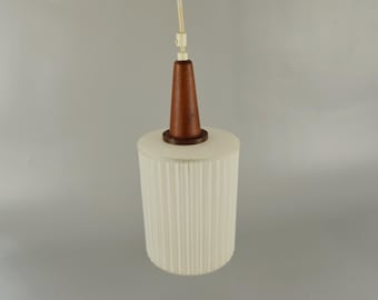 Lampa wisząca z połowy XX wieku, lampa sufitowa, lampa wisząca, lata 50. XX wieku, szkło matowe, drewno tekowe