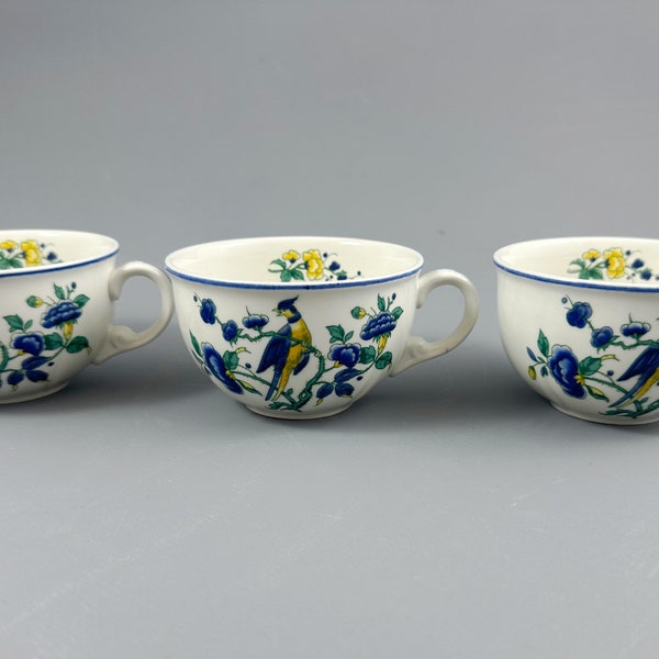 Villeroy und Boch Phoenix blau, Set aus 3 Tassen, Teetassen, Frühstückstassen, Vintage Geschirr, Villeroy und Boch Mettlach, Lithographie