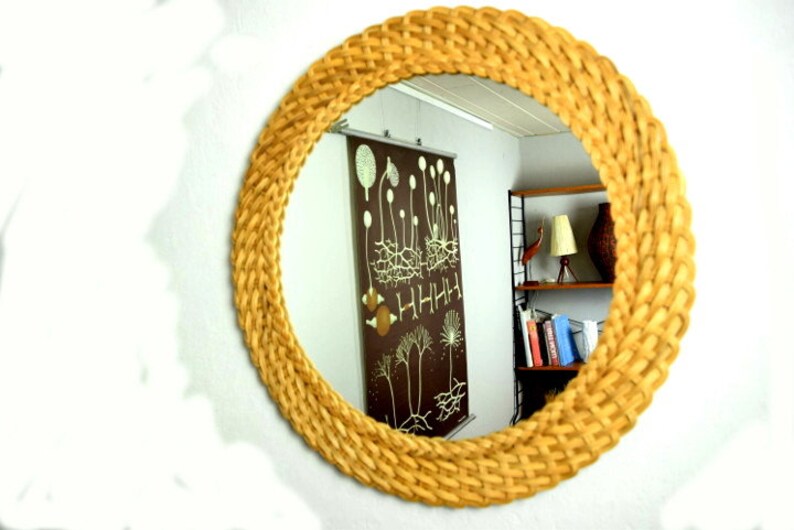 Large Round Mid Century Mirror Rattan Frame Wall Hall 60s