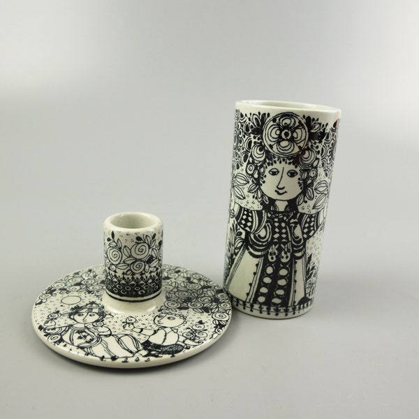 Bjørn Wiinblad for  Nymolle / Denmark | Set of small vase and a candle holder, Flora