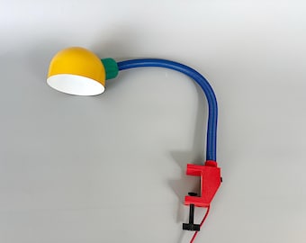 MEMPHIS Milano Style Gooseneck Clamp. Desk Lamp, blue, red & yellow, late 80s to 90s desk lamp,