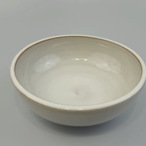 May include: A small, white ceramic bowl with a brown rim. The bowl is empty and has a smooth, glossy finish.