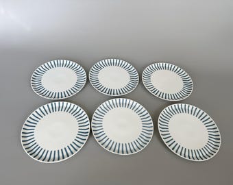 Set aus 6 Kuchenteller / Frühstücksteller / Beilagenteller von Melitta Zürich, blaue Streifen,