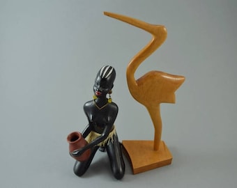 Vintage wooden crane bird sculptur figurine, Mid Century Design, popular design object of the 60s