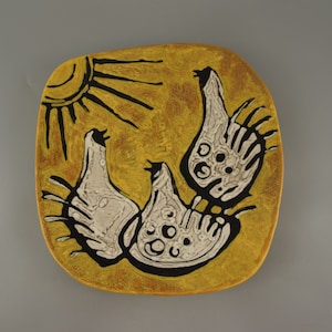 Vintage bowl / plate / Hungary / Livia Gorka / Birds (Chickens) | Hungarian Pottery | 50s