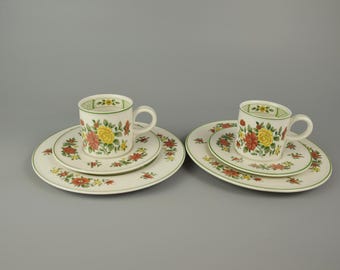 Villeroy and Boch Summer Day, set of 2 Coffee Cups, Saucers and plates, Breakfast set for two.