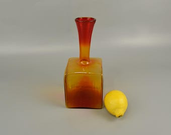 Mid Century BLENKO Tangerine Square Glass Vase Joel Myers, Amberina Decanter