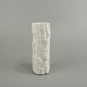 Könnte beinhalten: Eine hohe, zylindrische weiße Vase mit einer strukturierten, rauen Oberfläche. Die Vase hat eine schmale Öffnung oben und eine etwas breitere Basis. Das Äußere ähnelt einem verwitterten, natürlichen Material.
