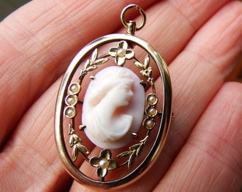 14k Cameo Brooch/Pin /Pendentif combinaison-Natural Shell Cameo/ Une véritable antiquité réduite