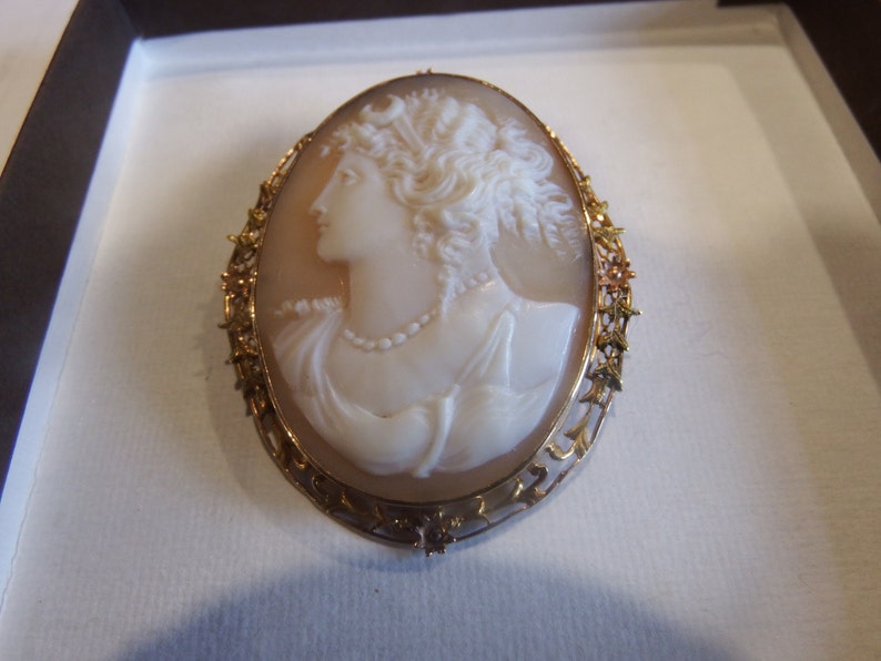 Cameo Brooch/pin 10k Yellow Goldhand Carved Shell Cameo Filigree