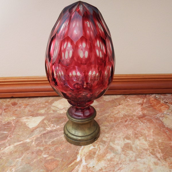 Antique Cut Clear Crystal Cranberry Staircase Finial- French True Antique dating from the early 1900. Beautiful and rare!