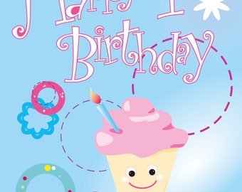 1st Birthday card on recycled card, A6 size
