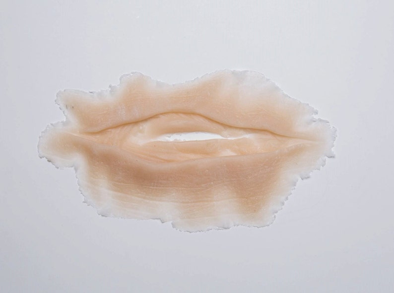May include: A close-up of a light brown, flesh-colored, silicone scar makeup effect. The scar is shaped like a long, thin, oval with a jagged edge.