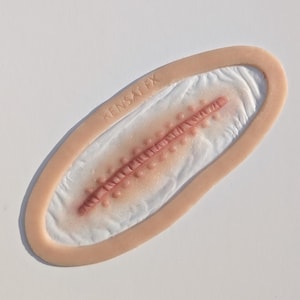 May include: A realistic, oval-shaped prosthetic wound with a stitched laceration. The flesh-toned prosthetic features a central, raised, red stitched line with surrounding bumps, and is bordered by a light peach-colored edge. The text "KENSAI FX" is printed on the top left.