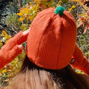 May include: A knitted pumpkin hat and fingerless gloves in orange with a green stem on the hat.