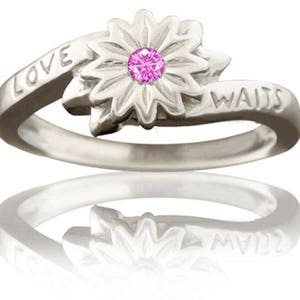 Purity Ring - Girl's Love Waits Flower in Sterling Silver with Pink Sapphire