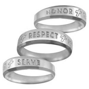 May include: Three silver rings with the words "Honor", "Respect", and "Serve" engraved on them, each ring also has a cross symbol.