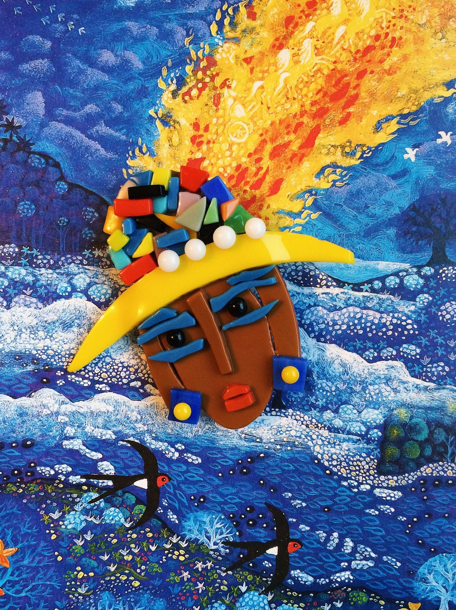 Statement Beautiful Unusual Brooch Girl in Yellow Hat Black Etsy