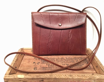 Leather Shoulder Bag with Wheat Stalk Pattern in Brown