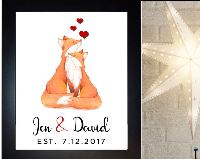 Fox Couple Wedding Gift, Last Name,, Anniversary Gift Him Her, Fox Wall Art Print, Birthday Present  Anniversary Gift For Husband, Wife