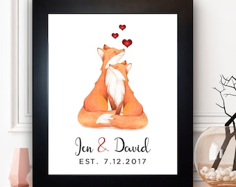 Fox Couple Anniversary Gift For Husband, Wife, Fox Wedding Anniversary Gift, Him Her, Fox Gift, Couple Fox Wall Art Print, Birthday Present