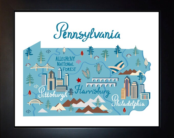Fun Map Pennsylvania Wall Art, home decor, art prints, canvas and framed options, card option