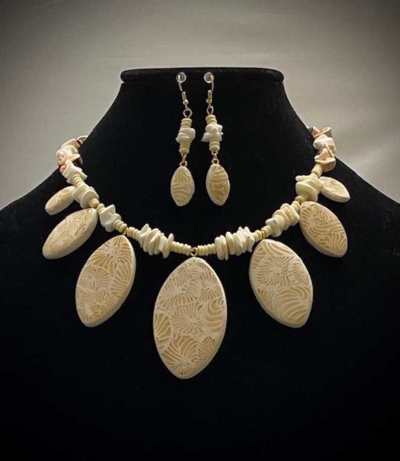 Faux Coral Necklace with Bone Beads and Shells