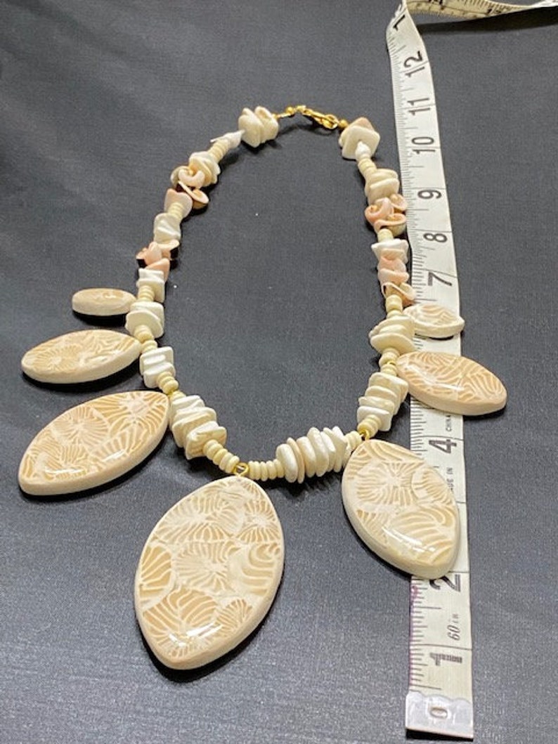 Faux Coral Necklace with Bone Beads and Shells