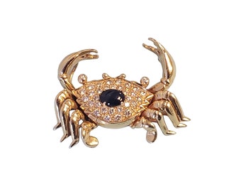 Vintage Crab Slide Pendant 14k Yellow Gold Diamonds and Blue Sapphire Cabochon