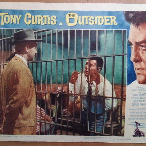 Vintage movie lobby card for the film, The Outsider, starring Tony Curtis and James Franciscus. Copyright 1962 Universal Pictures.