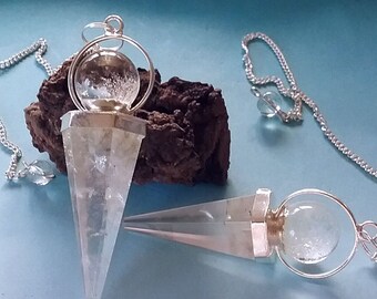 CRYSTAL DOWSING PENDULUM, Large Crystal Quartz and Silver Pendulum With Faceted Point and Crystal Orb Top