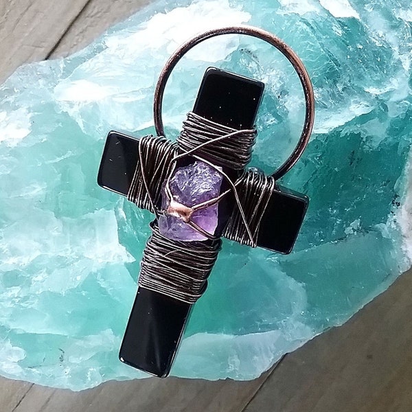 OBSIDIAN CROSS Pendant, Black Obsidian Cross With Raw Amethyst and Copper, Black Cross Pendant, Psychic Protection