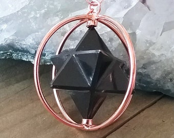 Black TOURMALINE Merkaba Pendant, SPINNING MERKABA Pendant With Black Tourmaline In Copper or Silver Cage, Sacred Geometry Merkaba Necklace
