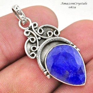 BLUE SAPPHIRE Pendant, Sterling Silver Cobalt Blue Sapphire Teardrop Pendant On a Filigree Silver Setting, With Chain