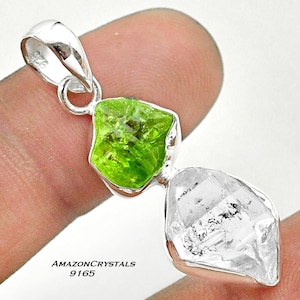 HERKIMER DIAMOND Pendant, Sterling Silver Pendant With New York Herkimer and Arizona Peridot Crystal, Herkimer Necklace with Green Peridot