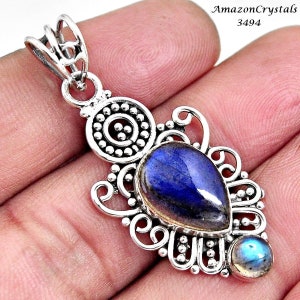 LABRADORITE Pendant, Sterling Silver 7 Carat Blue Labradorite Pendant With Vintage Silver Design