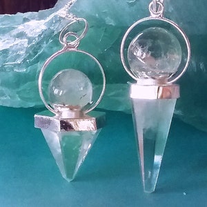 CRYSTAL DOWSING PENDULUM, Large Crystal Quartz and Silver Pendulum With Faceted Point and Crystal Orb Top