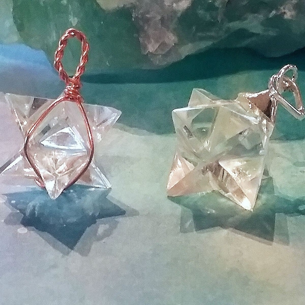 Crystal Quartz MERKABA PENDANT With Silver Top or Copper Wrap, Crystal Star Pendant,  Geometric Merkaba Necklace, Merkabah