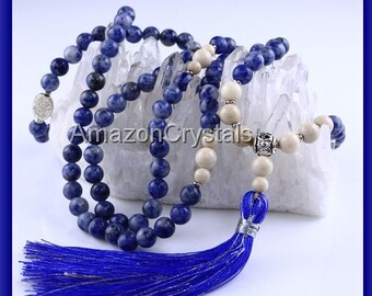 SODALITE JAPA MALA, Handmade Sodalite Crystal Japa Mala Necklace With Moonstone, Large Sodalite Mala With 8MM Beads