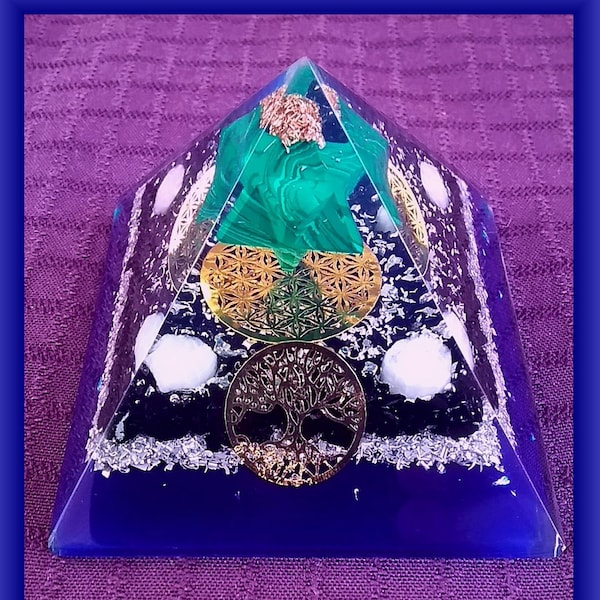 Huge ORGONE SHUNGITE Black Tourmaline PYRAMID With Malachite Merkaba, Copper Flower And Tree of Life, 120MM Orgone EmF Pyramid