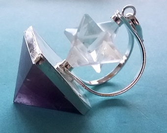 CRYSTAL Quartz Merkaba Pendant,  Spinning MERKABA Silver Pendant With Amethyst Pyramid Point, Sacred Geometry Merkaba Necklace