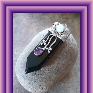 BLACK TOURMALINE PENDANT, Black Tourmaline Silver Necklace With Opalite and Amethyst, Tourmaline Silver, Healing Crystal Necklace